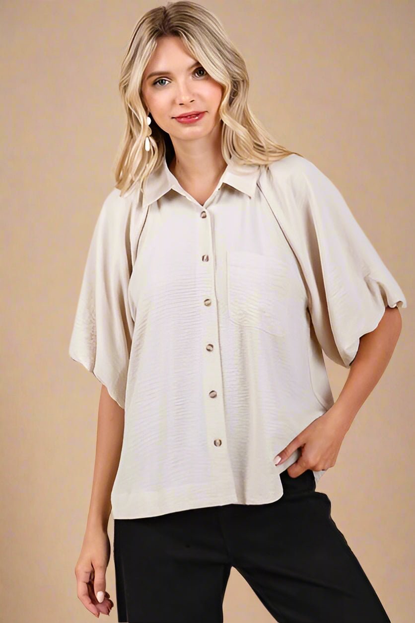 Mittoshop - Bubble Sleeve Button Down Shirt in Natural