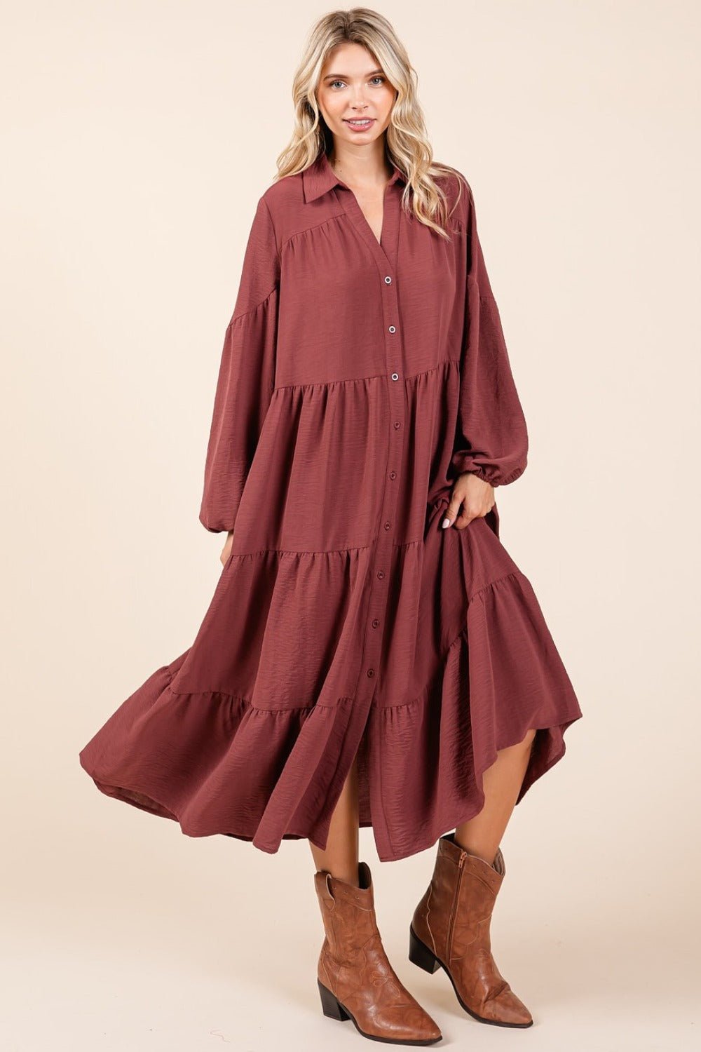 Mittoshop - Button Down Long Sleeve Midi Dress in Sienna