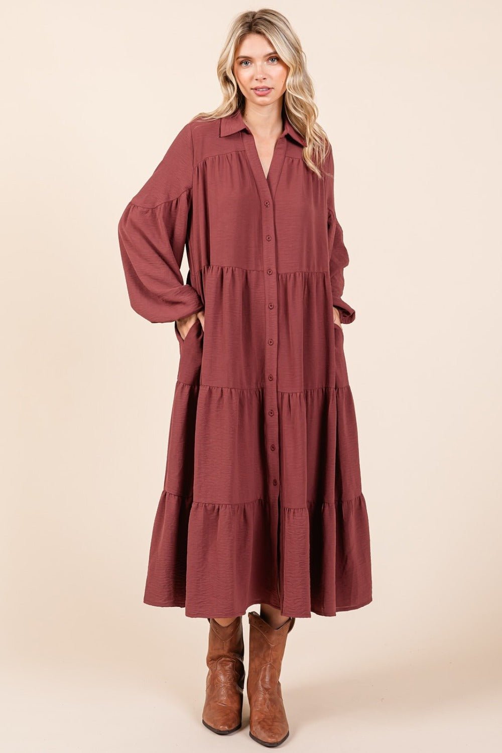 Mittoshop - Button Down Long Sleeve Midi Dress in Sienna