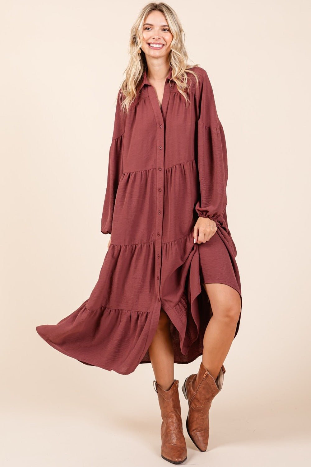 Mittoshop - Button Down Long Sleeve Midi Dress in Sienna