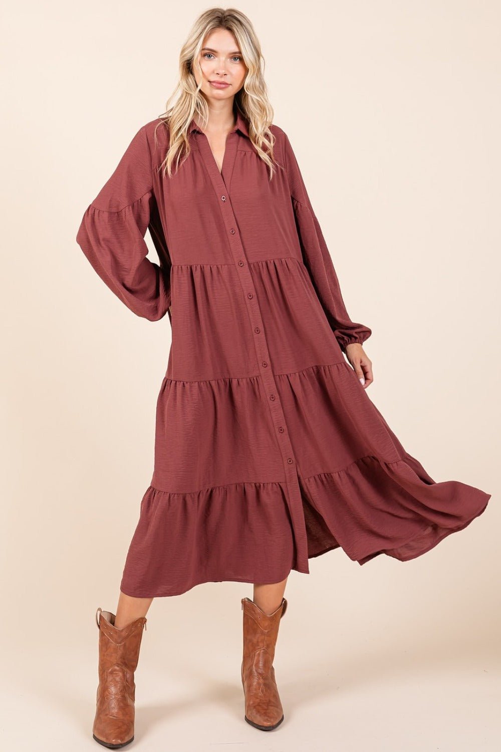 Mittoshop - Button Down Long Sleeve Midi Dress in Sienna