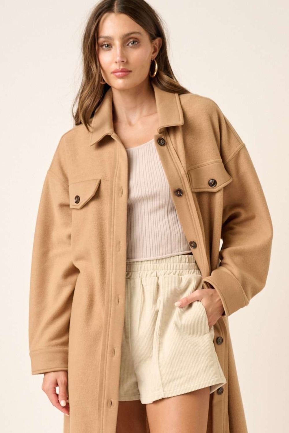 Mittoshop - Button Up French Terry Longline Jacket in Camel