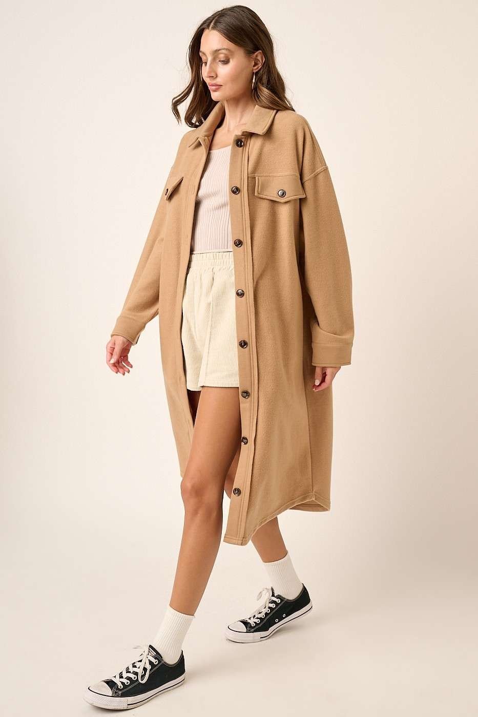 Mittoshop - Button Up French Terry Longline Jacket in Camel