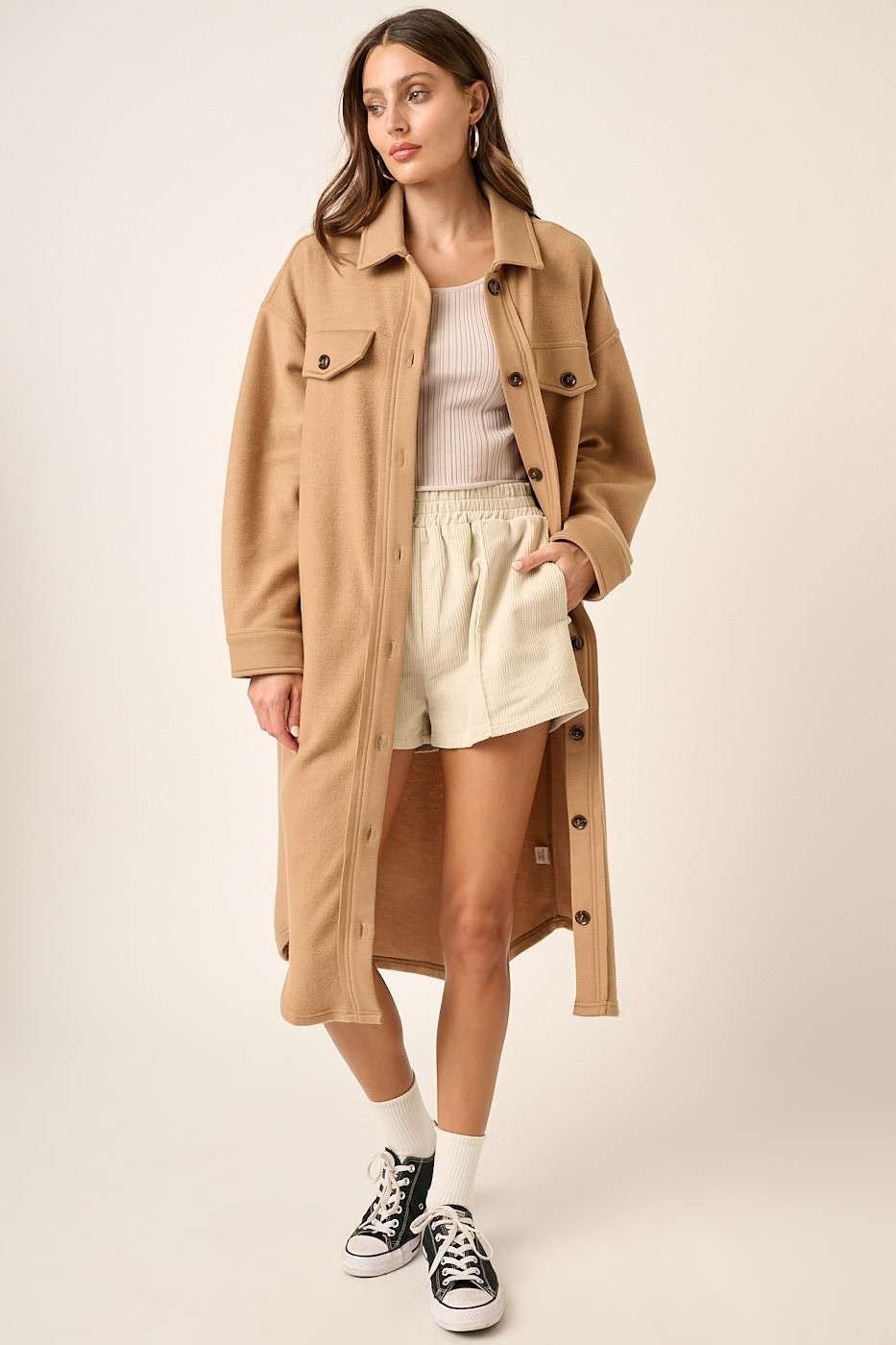 Mittoshop - Button Up French Terry Longline Jacket in Camel