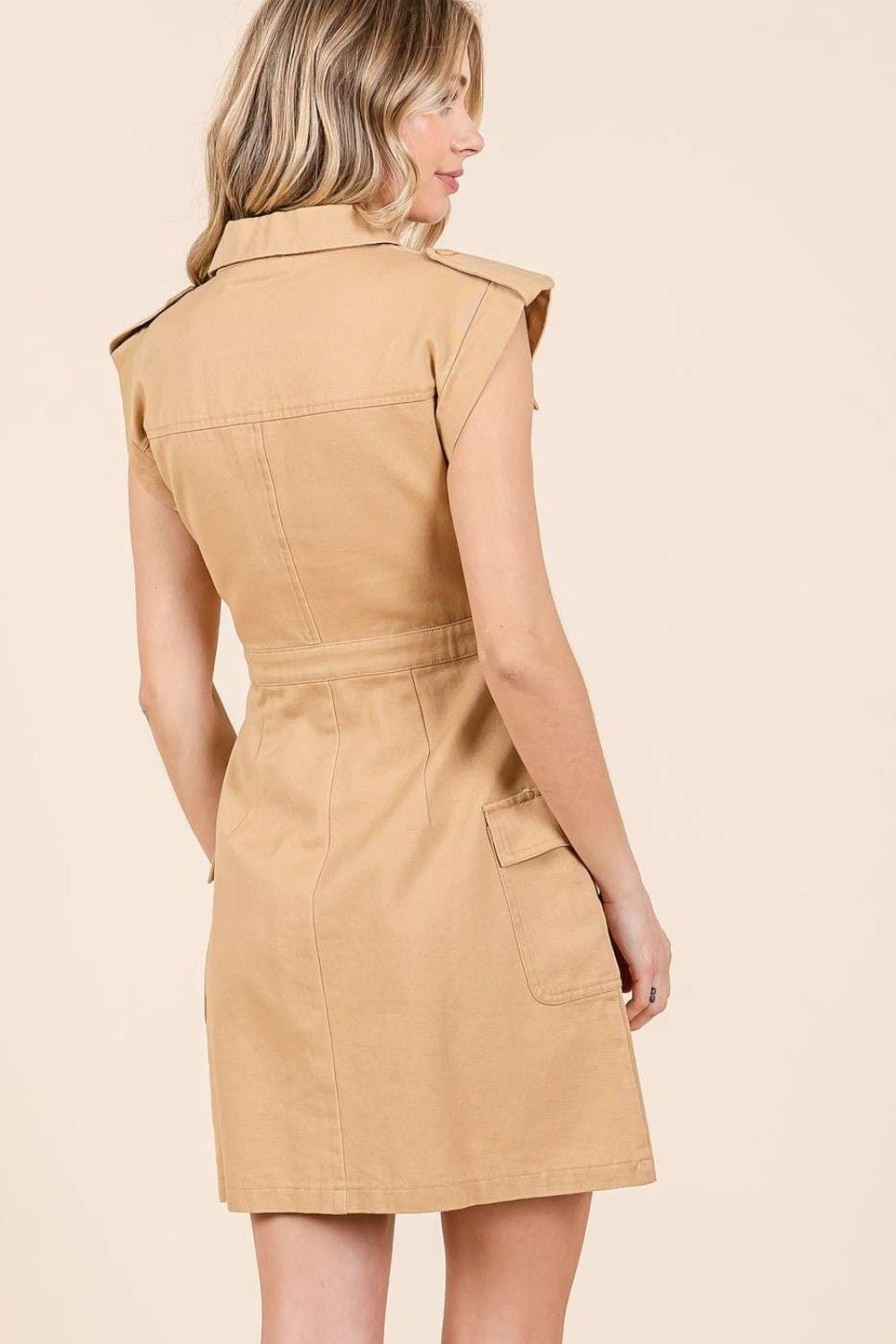 Mittoshop - Cargo Pocket Half Button Mini Dress in Camel