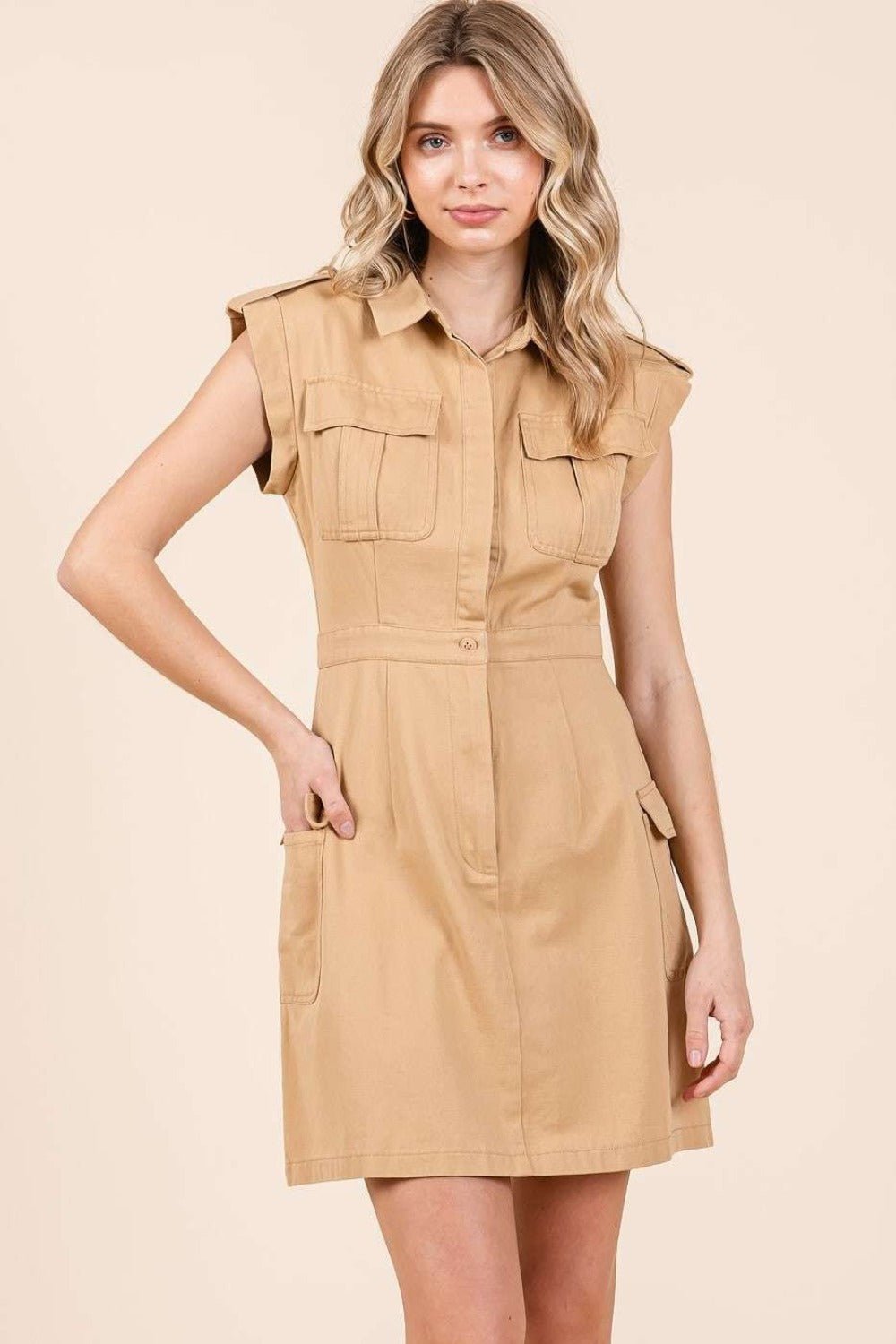 Mittoshop - Cargo Pocket Half Button Mini Dress in Camel