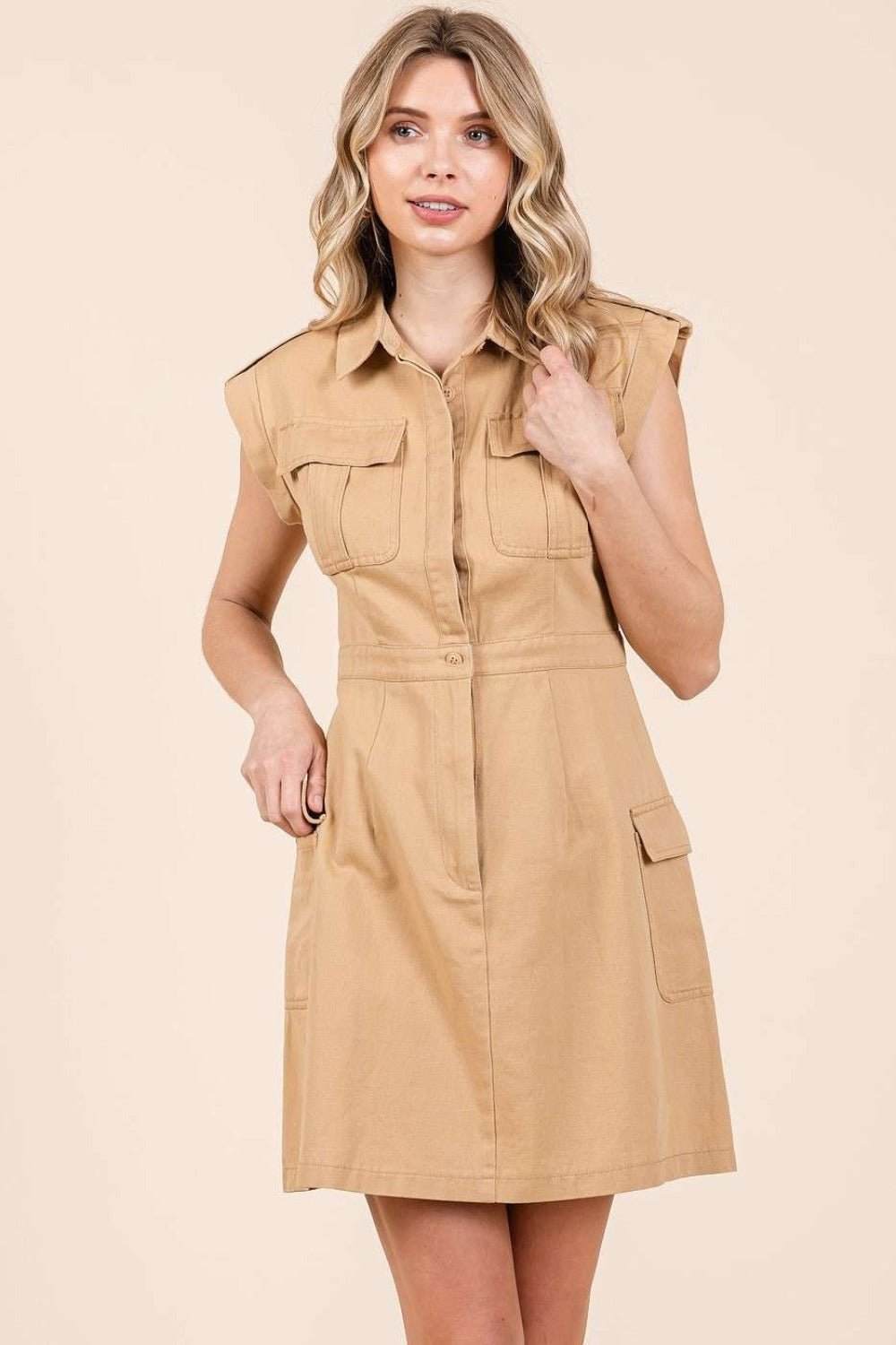 Mittoshop - Cargo Pocket Half Button Mini Dress in Camel