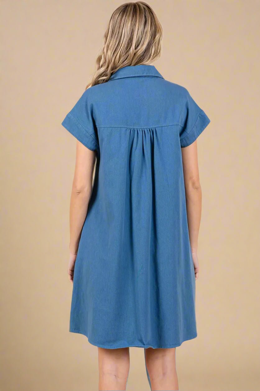 Mittoshop - Chambray Babydoll Mini Shirt Dress in Denim Blue
