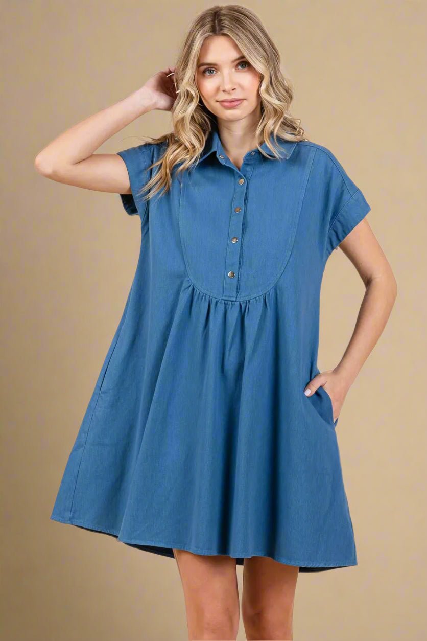 Mittoshop - Chambray Babydoll Mini Shirt Dress in Denim Blue