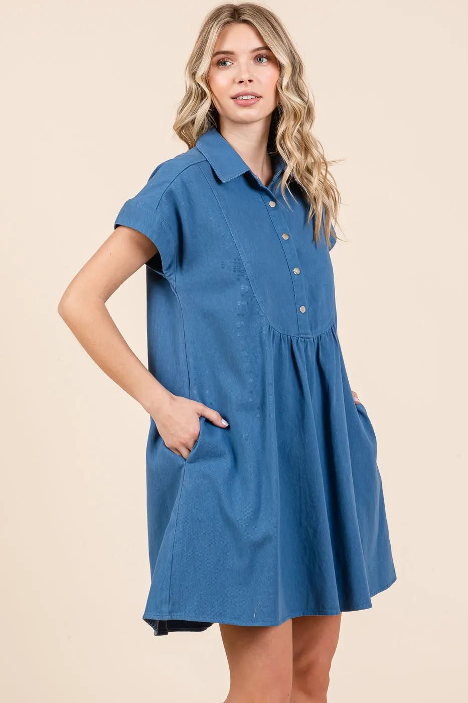 Mittoshop - Chambray Babydoll Mini Shirt Dress in Denim Blue