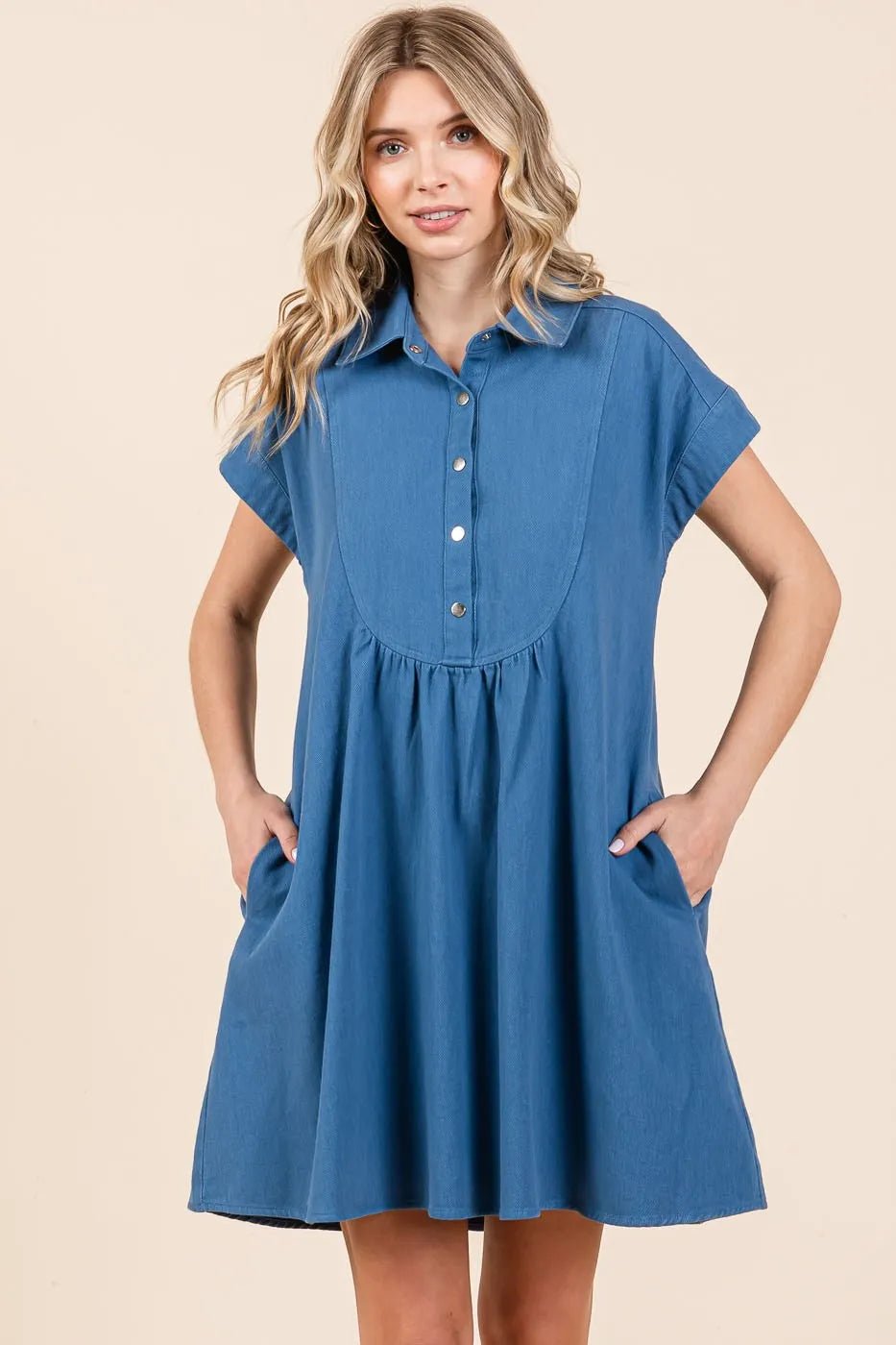 Mittoshop - Chambray Babydoll Mini Shirt Dress in Denim Blue