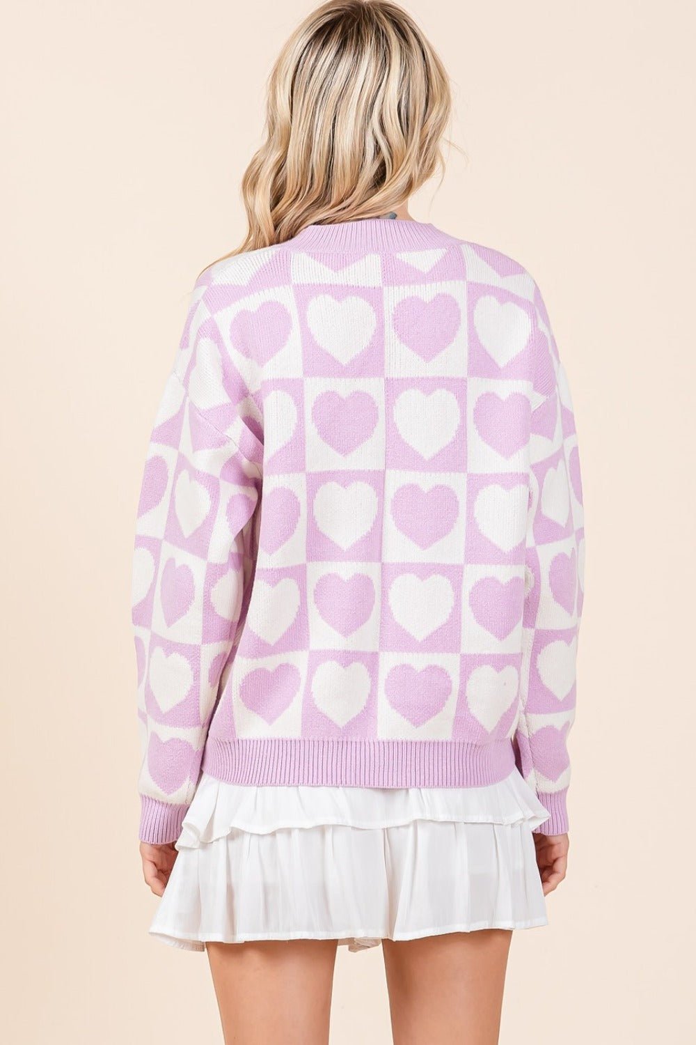 Mittoshop - Checkered Hearts Button Down Cardigan in Lilac