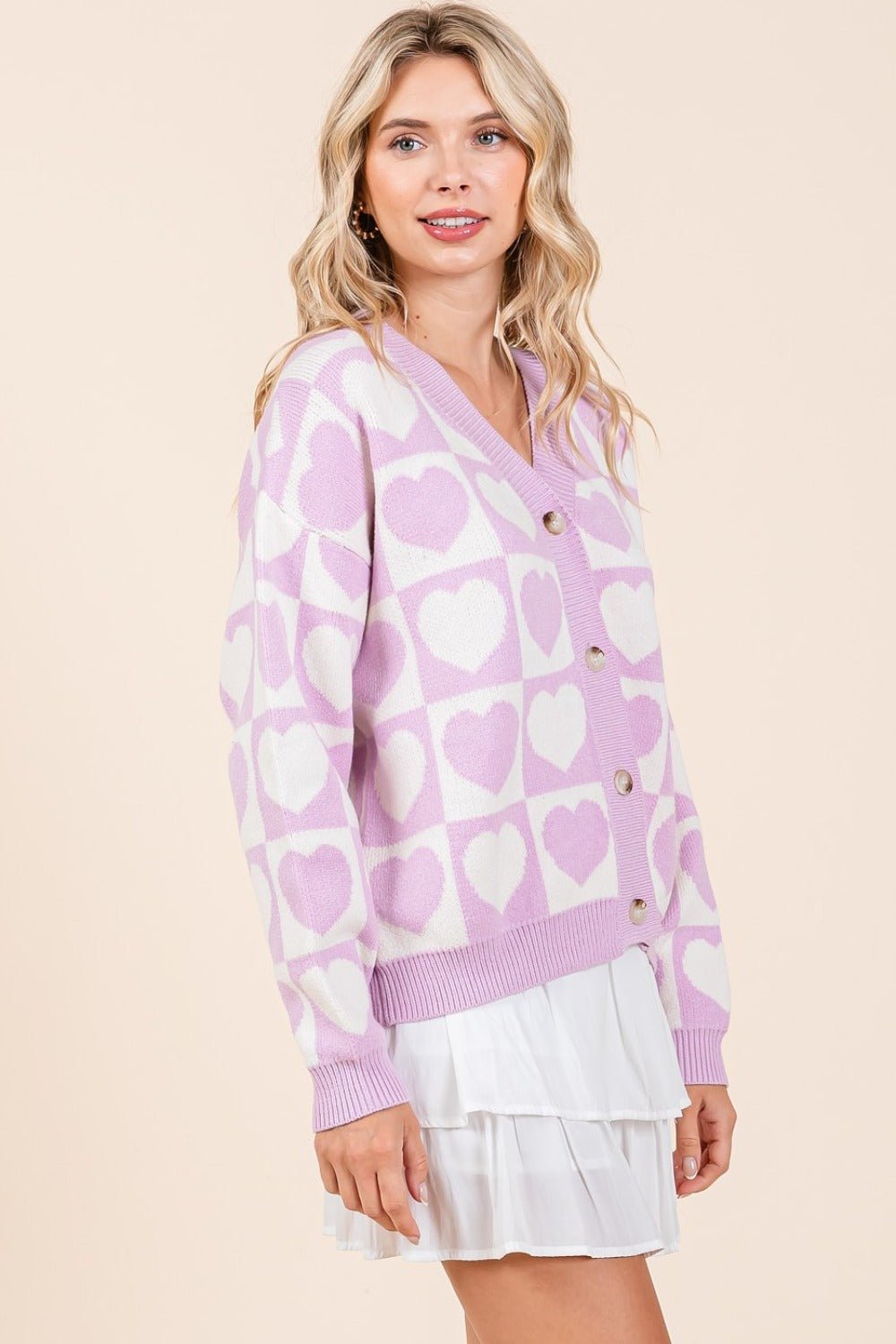 Mittoshop - Checkered Hearts Button Down Cardigan in Lilac