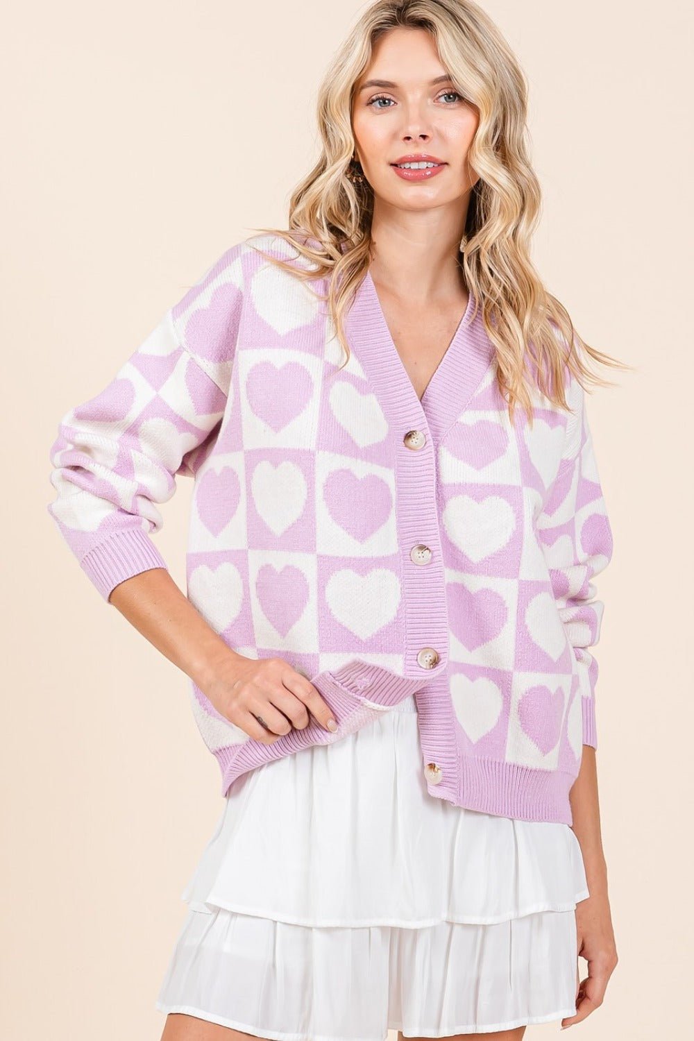 Mittoshop - Checkered Hearts Button Down Cardigan in Lilac