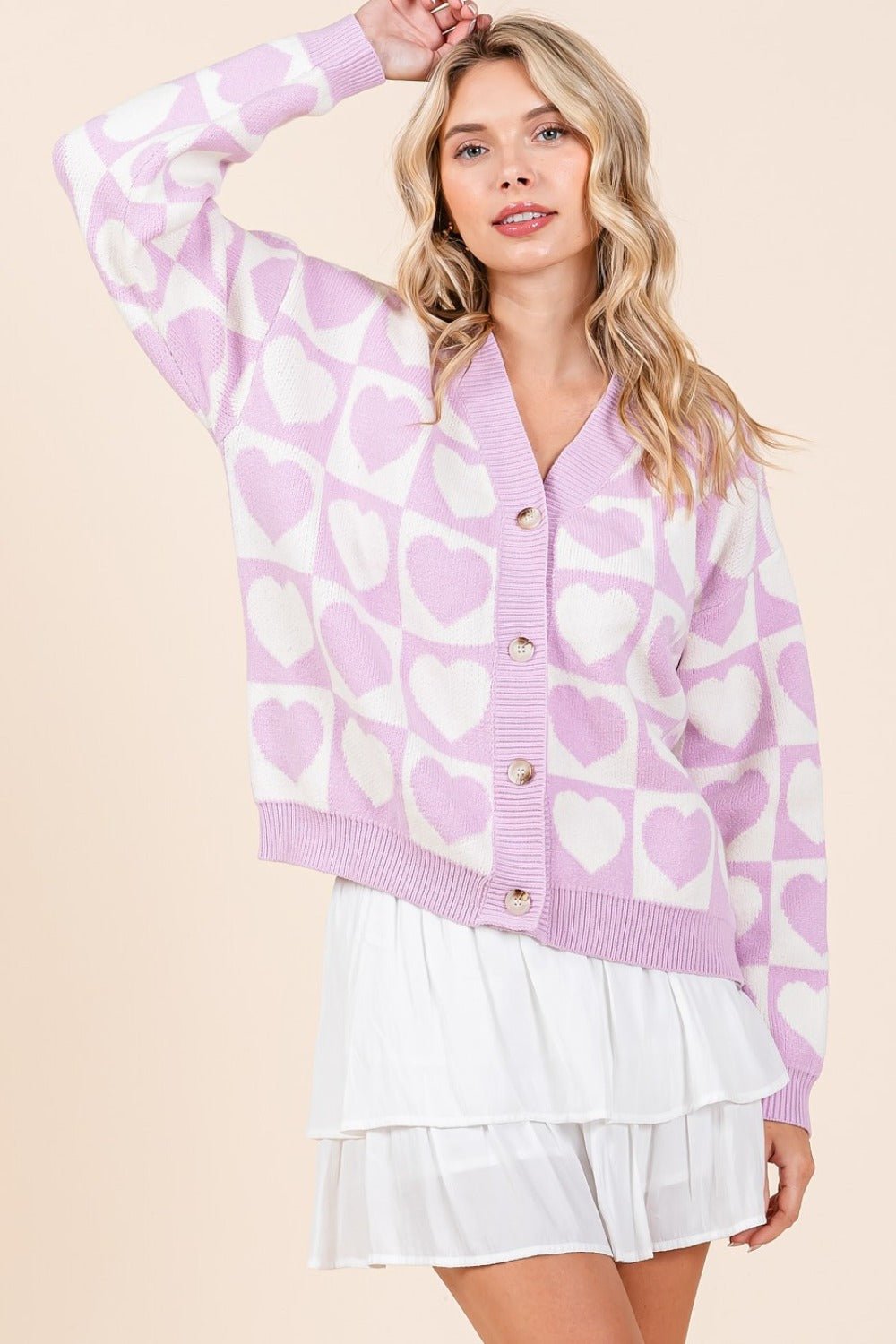 Mittoshop - Checkered Hearts Button Down Cardigan in Lilac