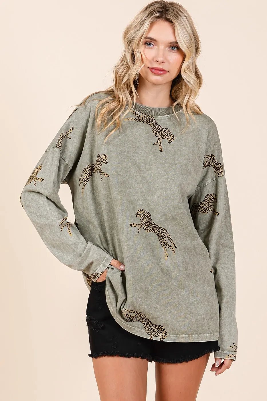 Mittoshop - Cheetah Graphic Oversized Sweatshirt – Washed Olive Green