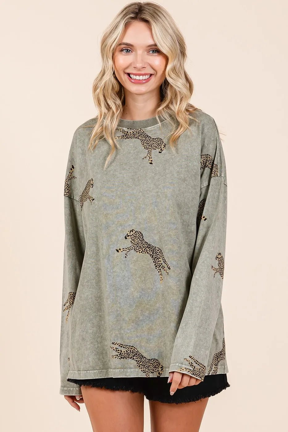 Mittoshop - Cheetah Graphic Oversized Sweatshirt – Washed Olive Green