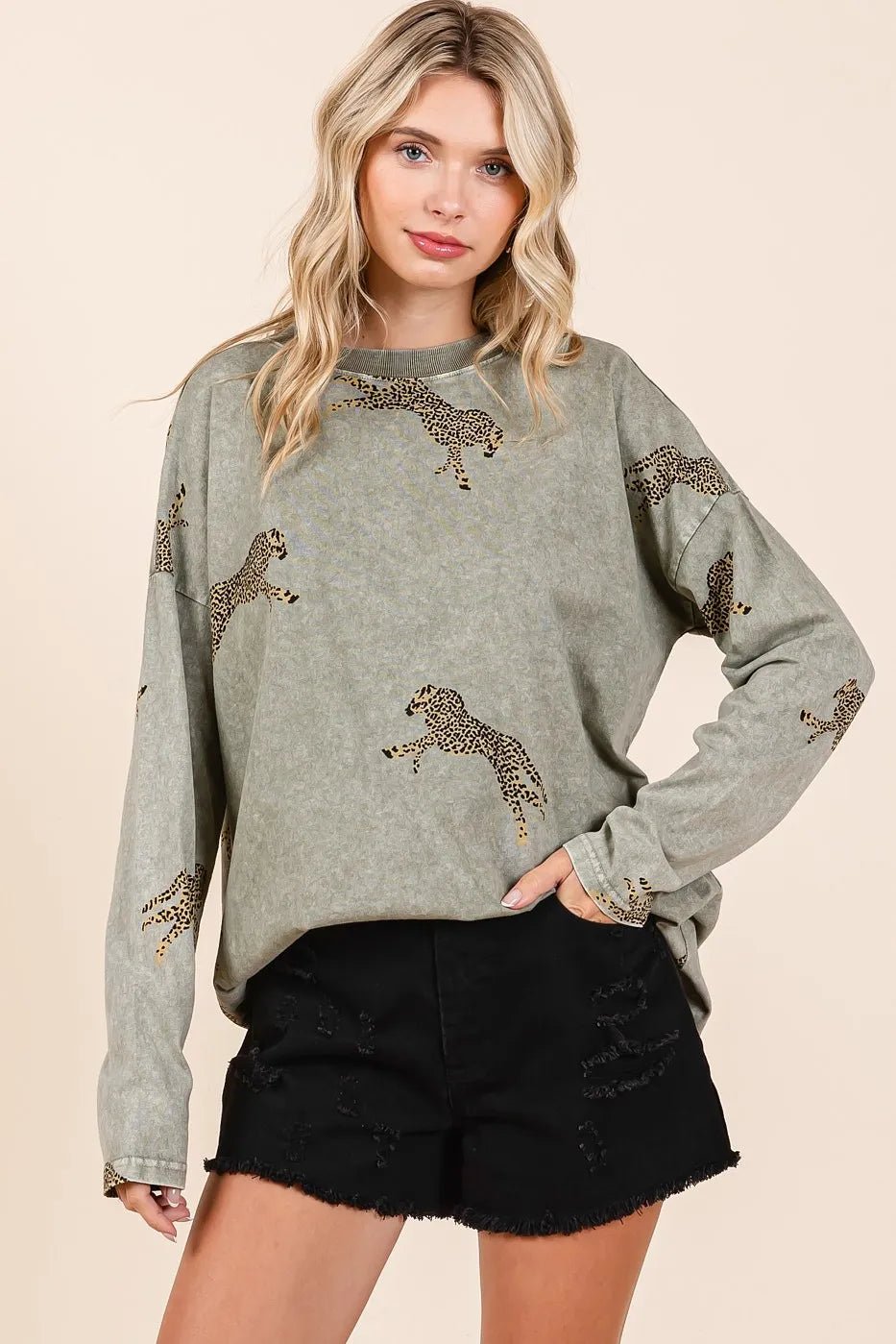 Mittoshop - Cheetah Graphic Oversized Sweatshirt – Washed Olive Green