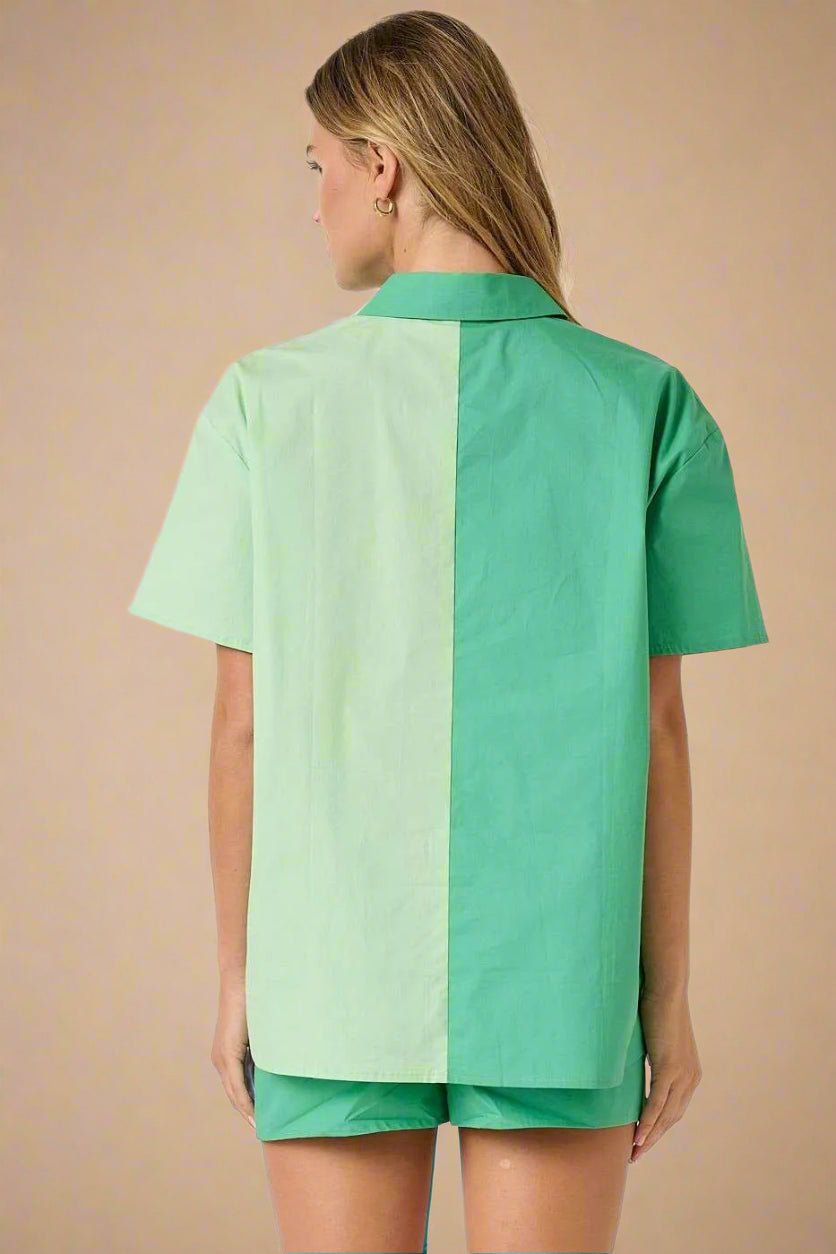 Mittoshop - Colorblock Button Down Shirt & Shorts Set in Mint Green
