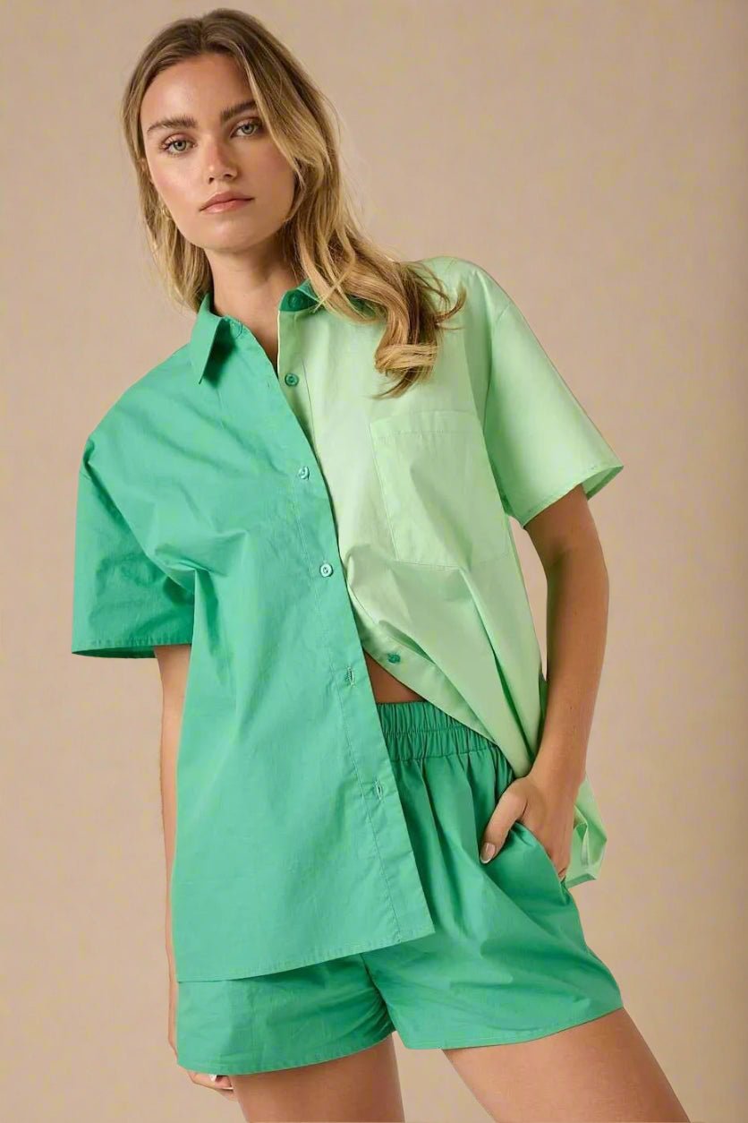 Mittoshop - Colorblock Button Down Shirt & Shorts Set in Mint Green