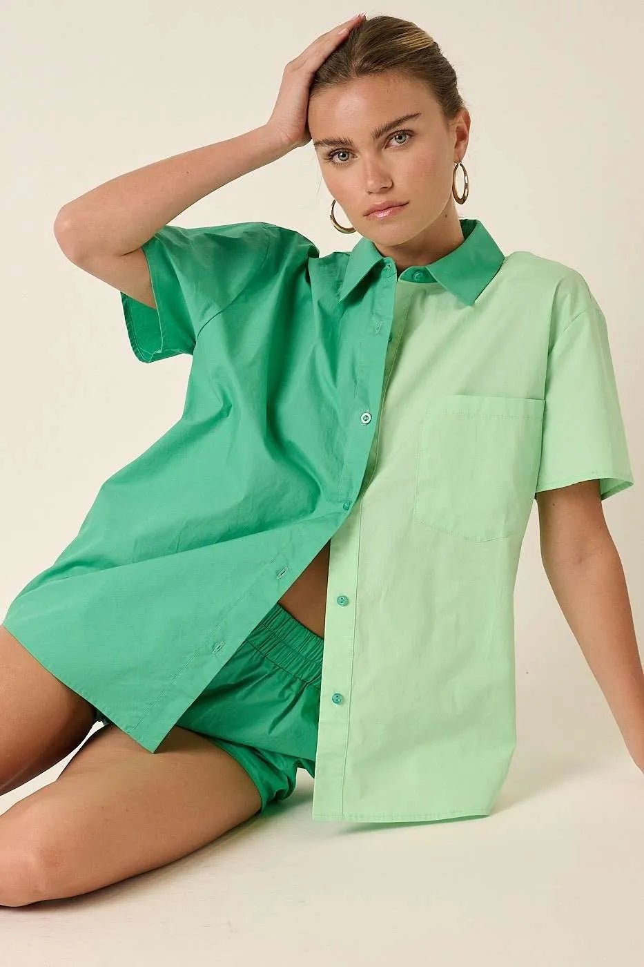 Mittoshop - Colorblock Button Down Shirt & Shorts Set in Mint Green