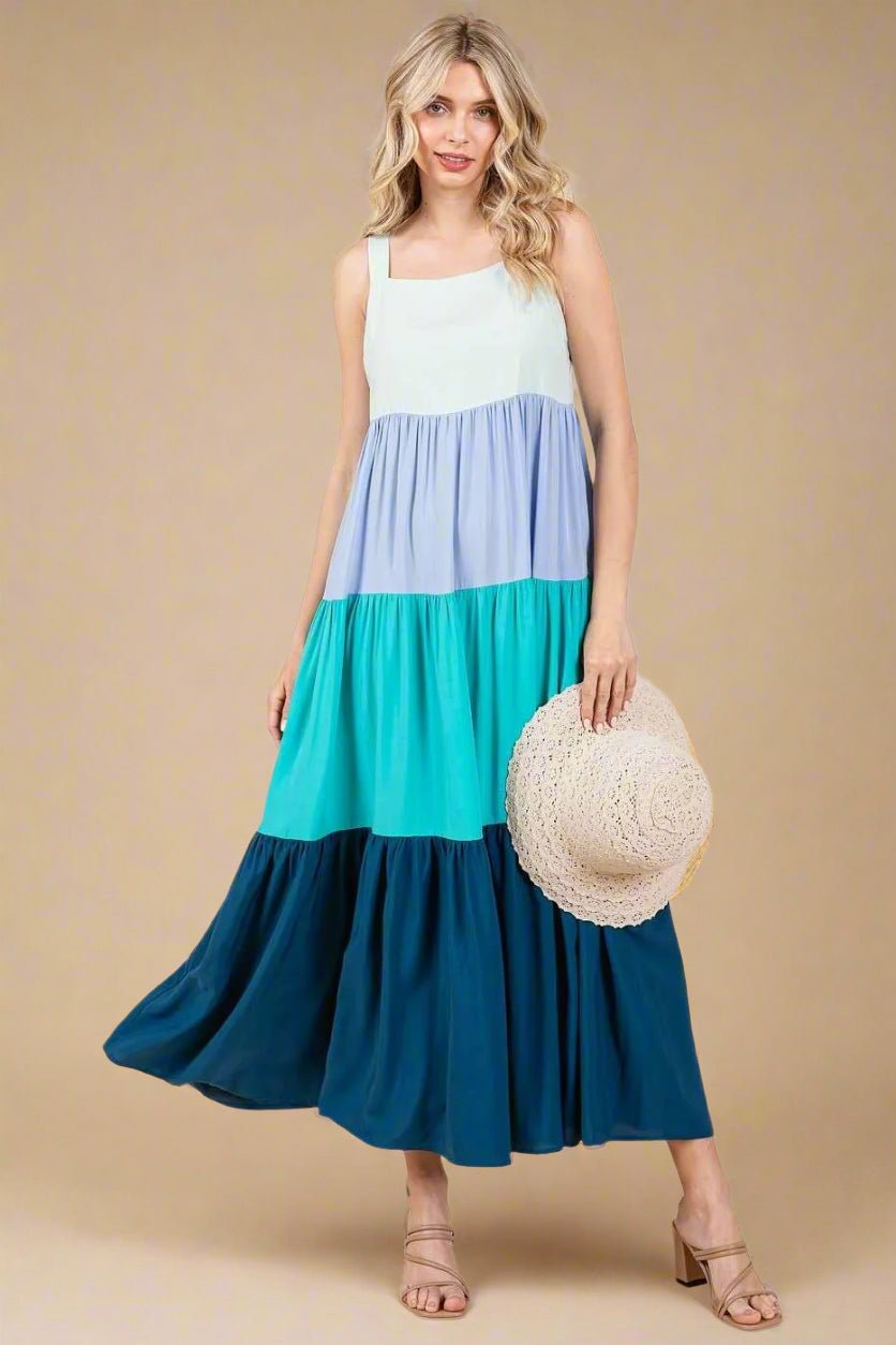 Mittoshop - Colorblock Tiered Maxi Dress in Aqua & Navy