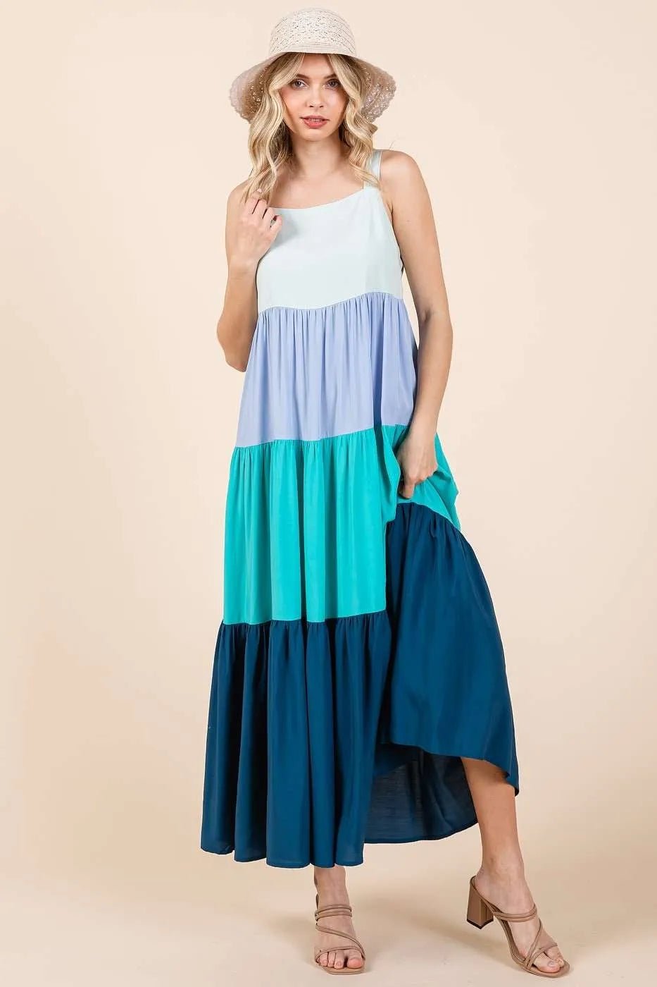 Mittoshop - Colorblock Tiered Maxi Dress in Aqua & Navy