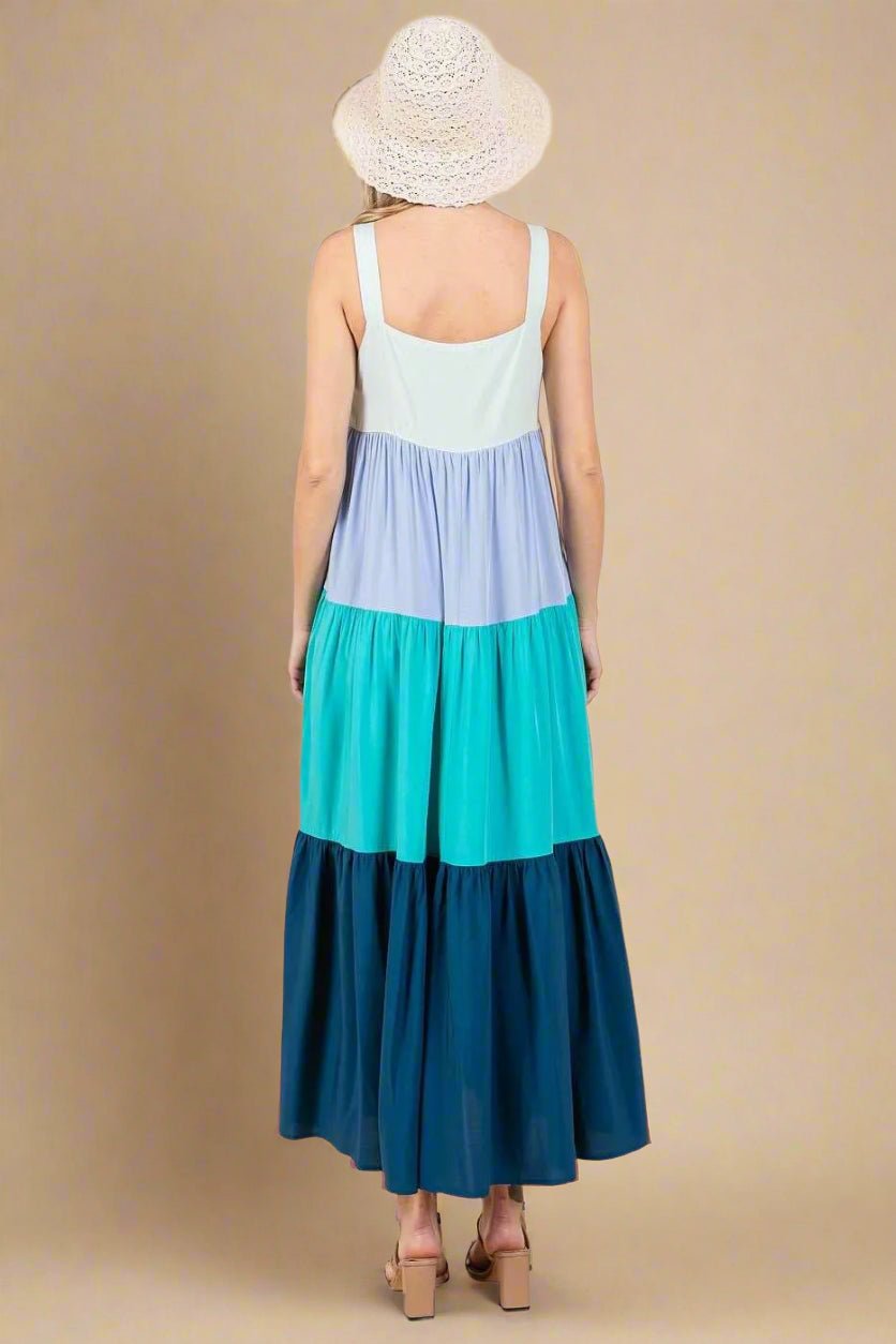 Mittoshop - Colorblock Tiered Maxi Dress in Aqua & Navy