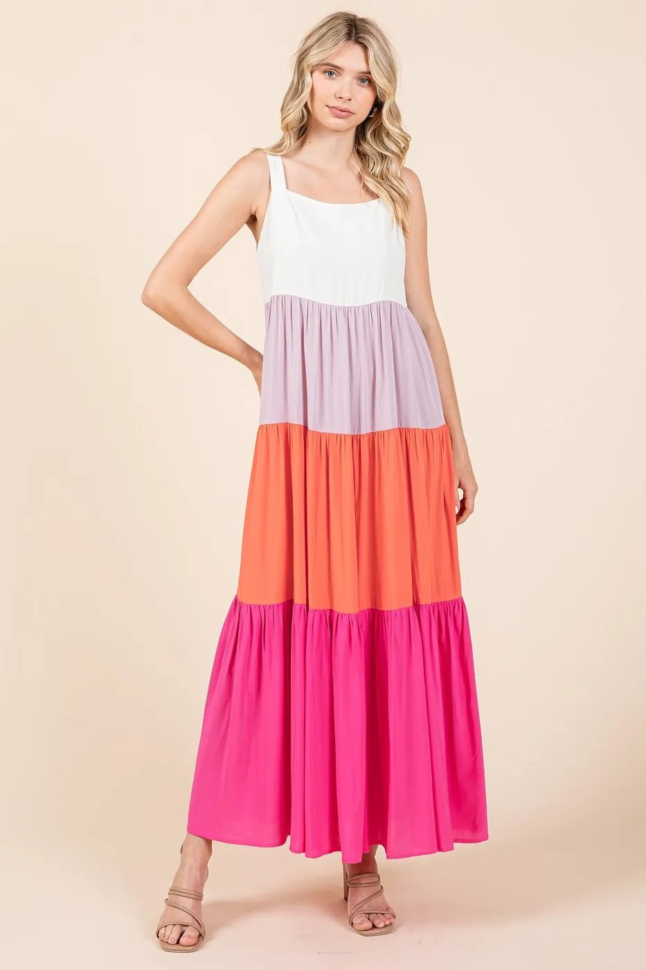 Mittoshop - Colorblock Tiered Maxi Dress in Fuchsia & Tangerine