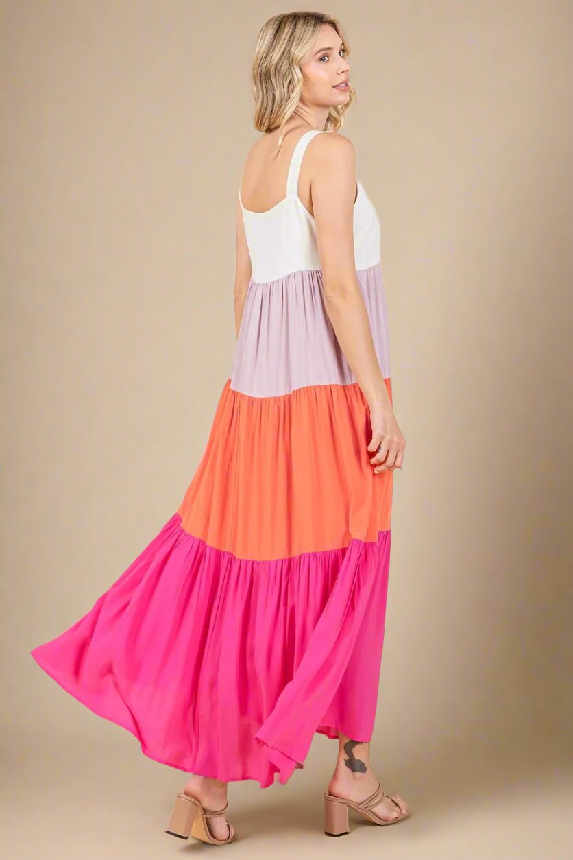 Mittoshop - Colorblock Tiered Maxi Dress in Fuchsia & Tangerine