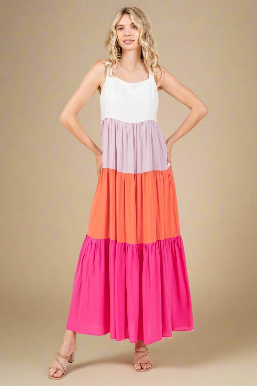 Mittoshop - Colorblock Tiered Maxi Dress in Fuchsia & Tangerine