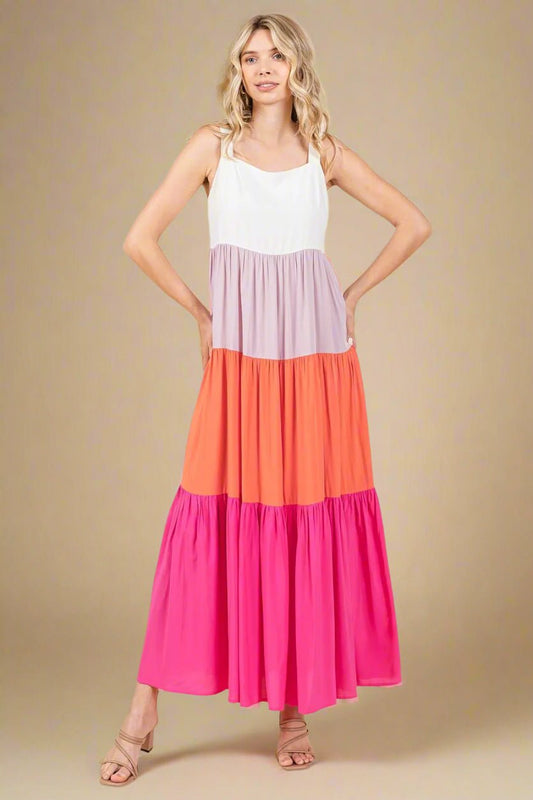 Mittoshop - Colorblock Tiered Maxi Dress in Fuchsia & Tangerine