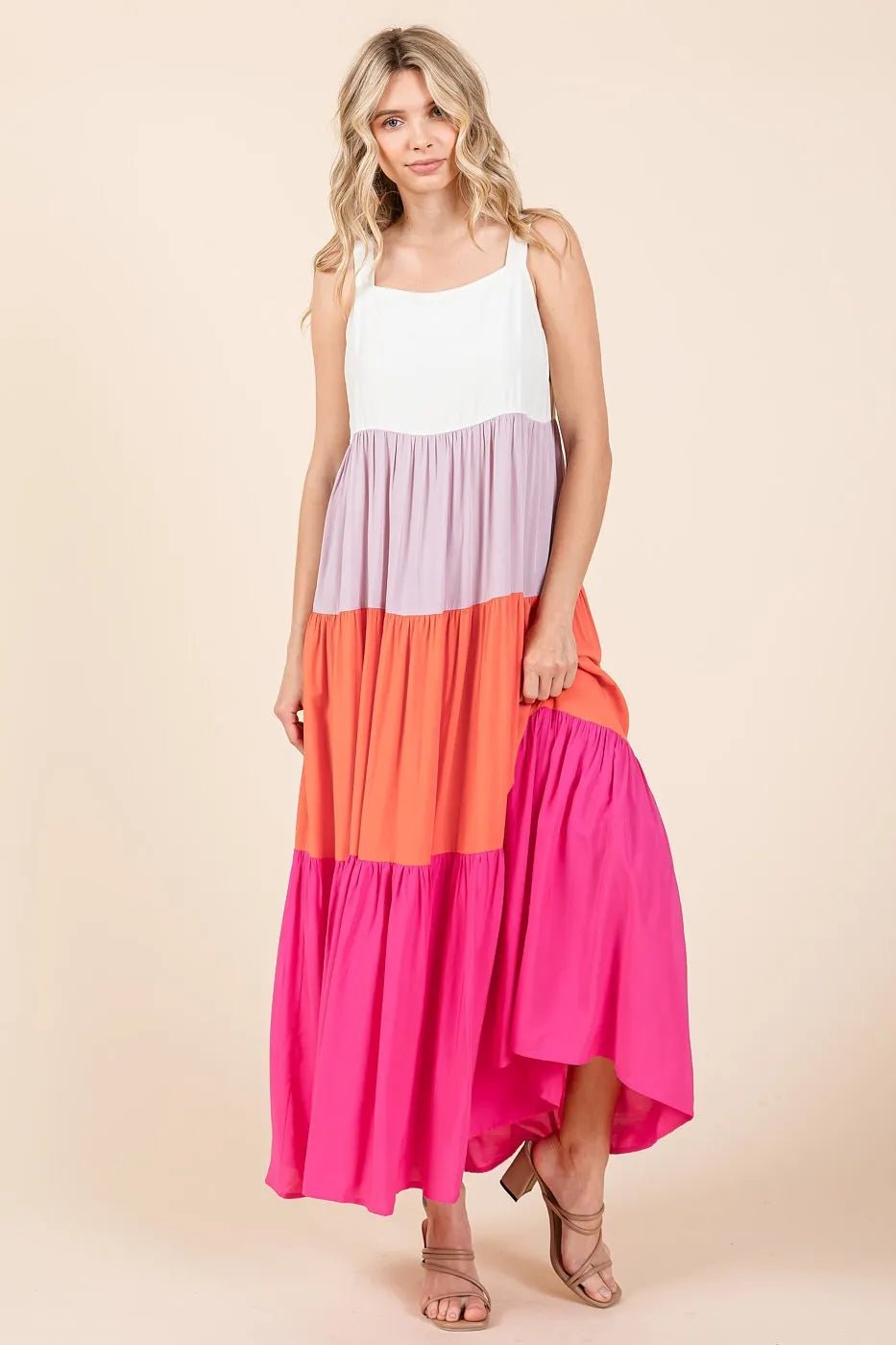 Mittoshop - Colorblock Tiered Maxi Dress in Fuchsia & Tangerine