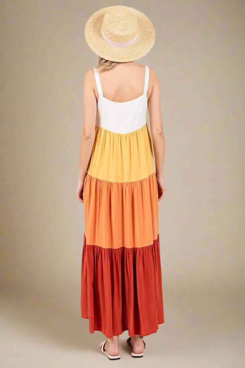 Mittoshop - Colorblock Tiered Maxi Dress in Rust & Golden Yellow