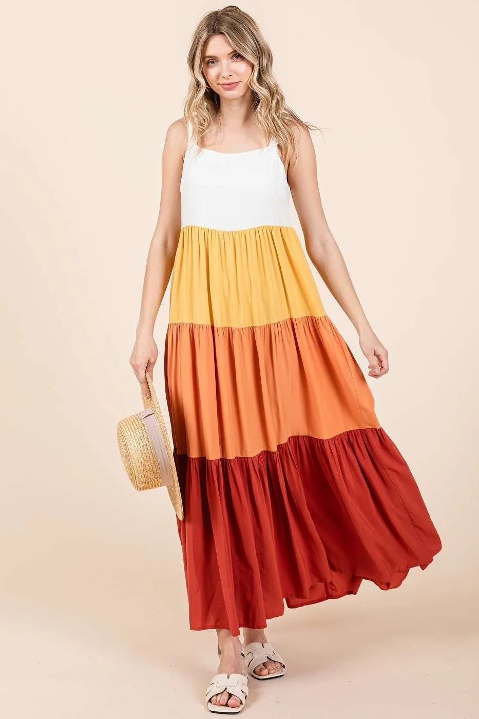 Mittoshop - Colorblock Tiered Maxi Dress in Rust & Golden Yellow