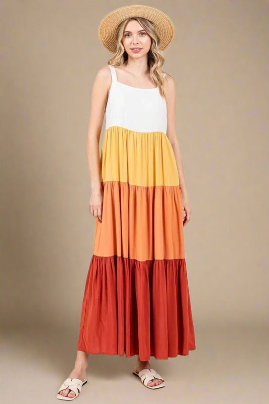Mittoshop - Colorblock Tiered Maxi Dress in Rust & Golden Yellow