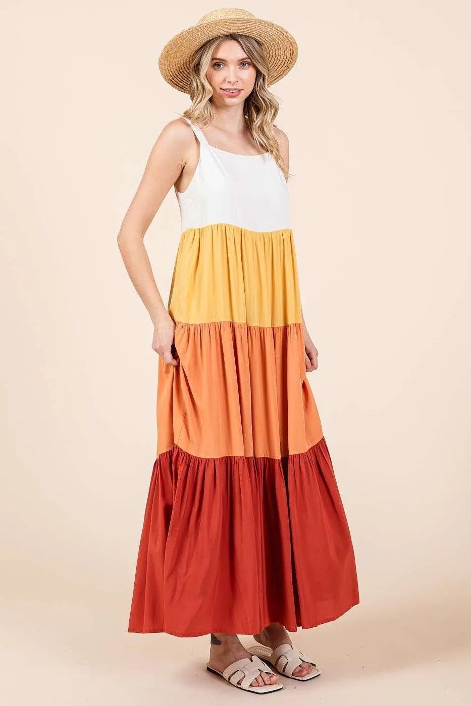 Mittoshop - Colorblock Tiered Maxi Dress in Rust & Golden Yellow