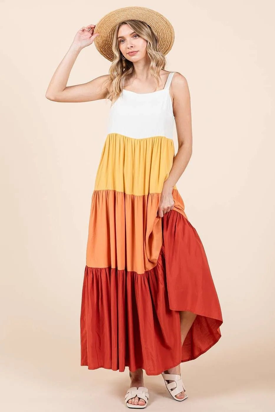 Mittoshop - Colorblock Tiered Maxi Dress in Rust & Golden Yellow