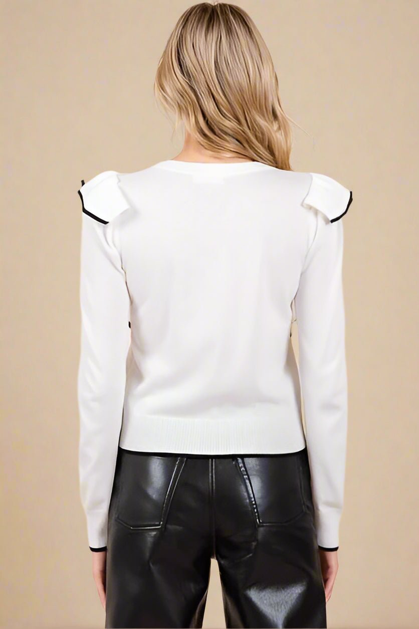 Mittoshop - Contrast Trim Ruffled Knit Top in Ivory