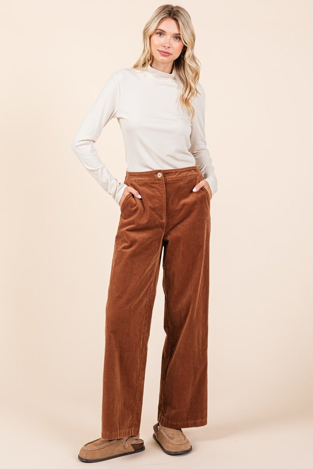 Mittoshop - Corduroy Straight Leg Pants in Camel