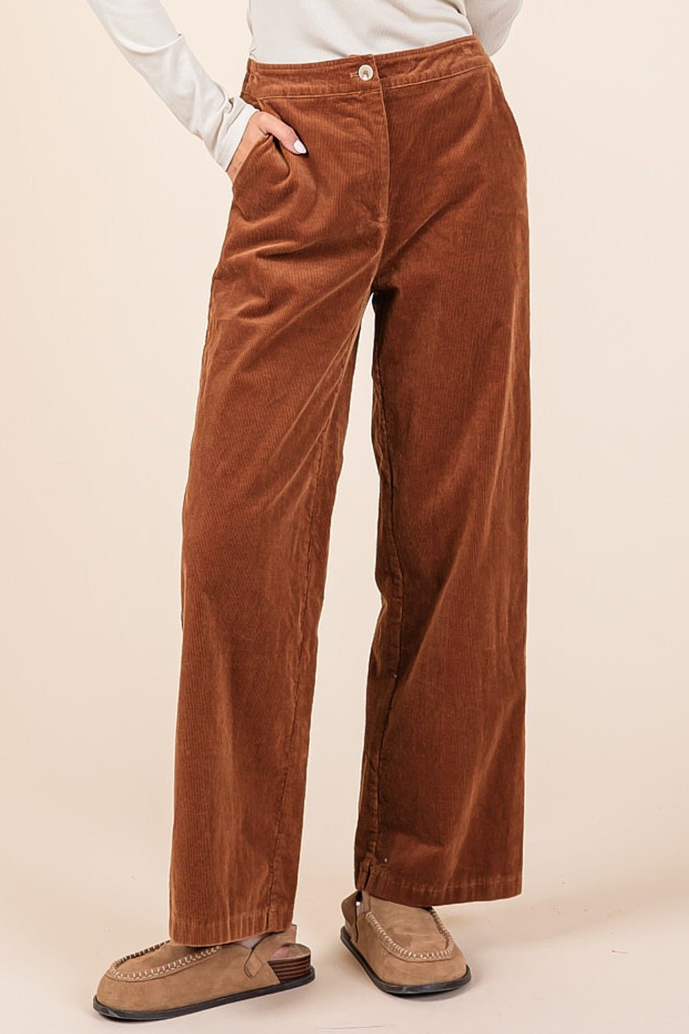 Mittoshop - Corduroy Straight Leg Pants in Camel