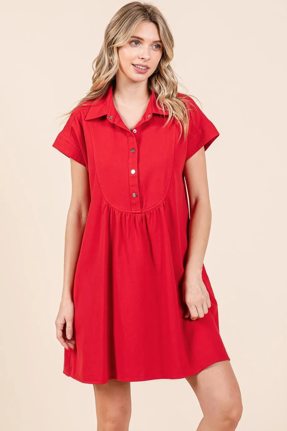 Mittoshop - Cotton Babydoll Shirt Dress in Bright Red