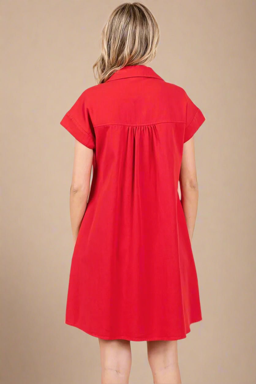 Mittoshop - Cotton Babydoll Shirt Dress in Bright Red