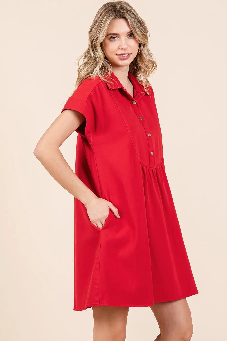 Mittoshop - Cotton Babydoll Shirt Dress in Bright Red