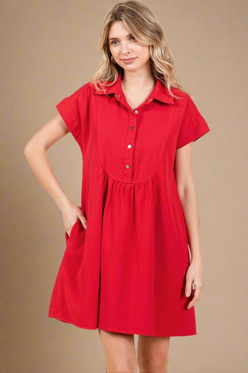 Mittoshop - Cotton Babydoll Shirt Dress in Bright Red