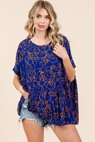 Mittoshop - Dark Blue Abstract Print Short Sleeve Top