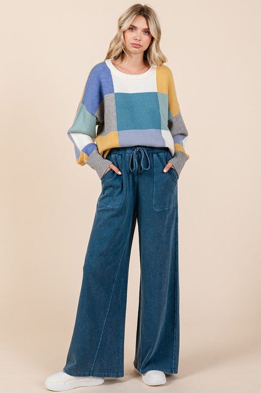 Mittoshop - Dark Blue French Terry Wide Leg Pants