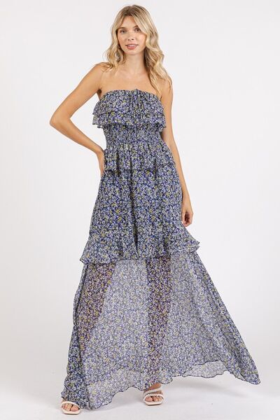 Mittoshop - Dark Navy Floral Ruffled Halter Neck Maxi Dress