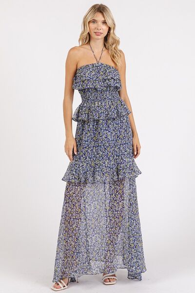 Mittoshop - Dark Navy Floral Ruffled Halter Neck Maxi Dress