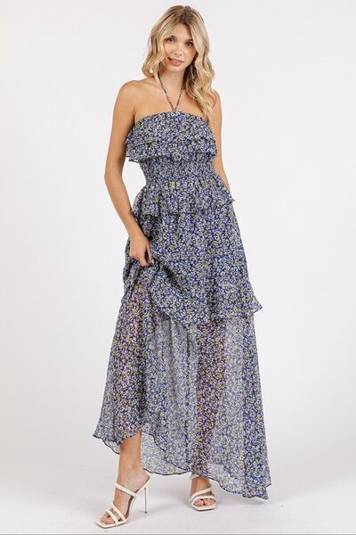 Mittoshop - Dark Navy Floral Ruffled Halter Neck Maxi Dress